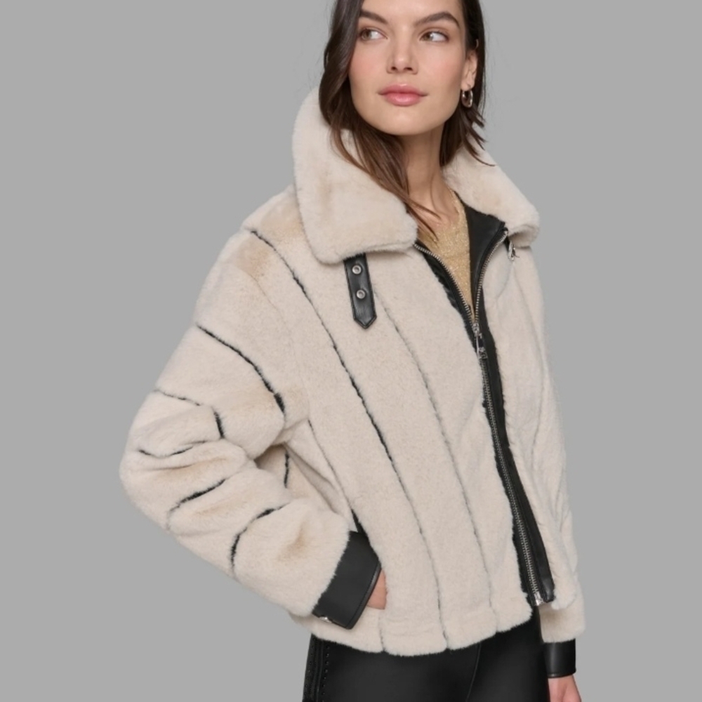 Elegant Cream and Black Faux Mink Lagerfeld Bomber Jacket